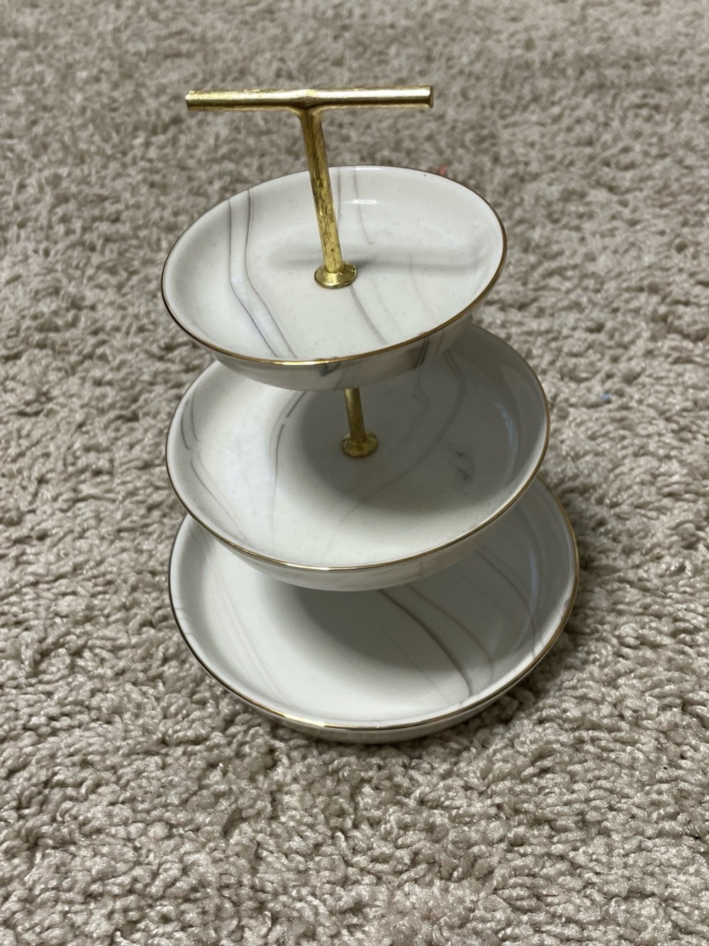 Three-Tier Marble Pattern Jewelry Stand with Gold Accents